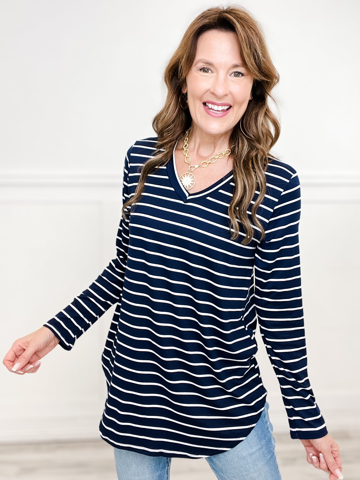 Long Sleeve Striped Top with V-Neckline and Rounded Hem