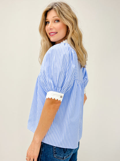 Striped Short Puff Sleeve Top with Contrasting Scallop Trim