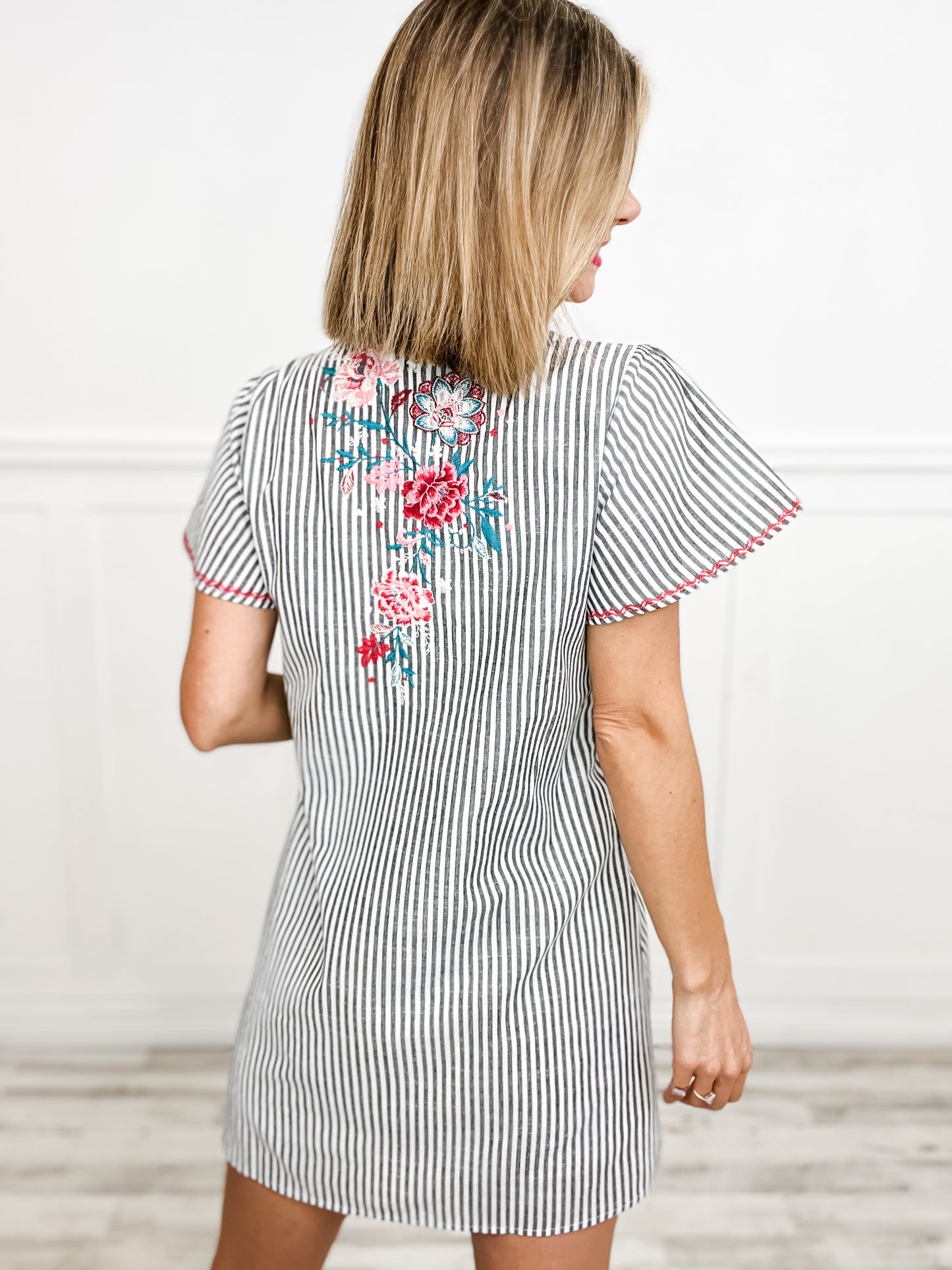 Floral Embroidered Striped Shift Dress with V-Neckline