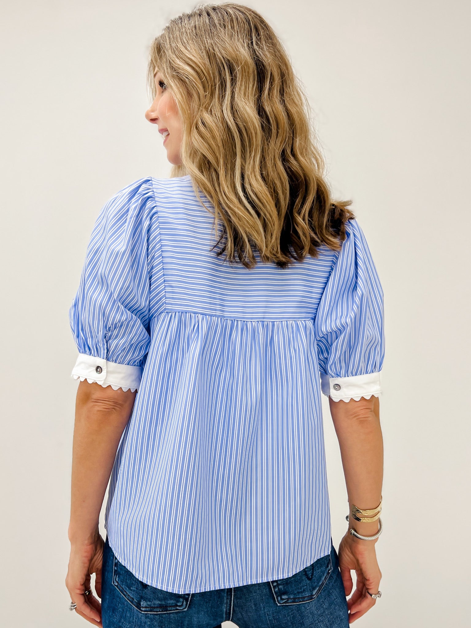 Striped Short Puff Sleeve Top with Contrasting Scallop Trim