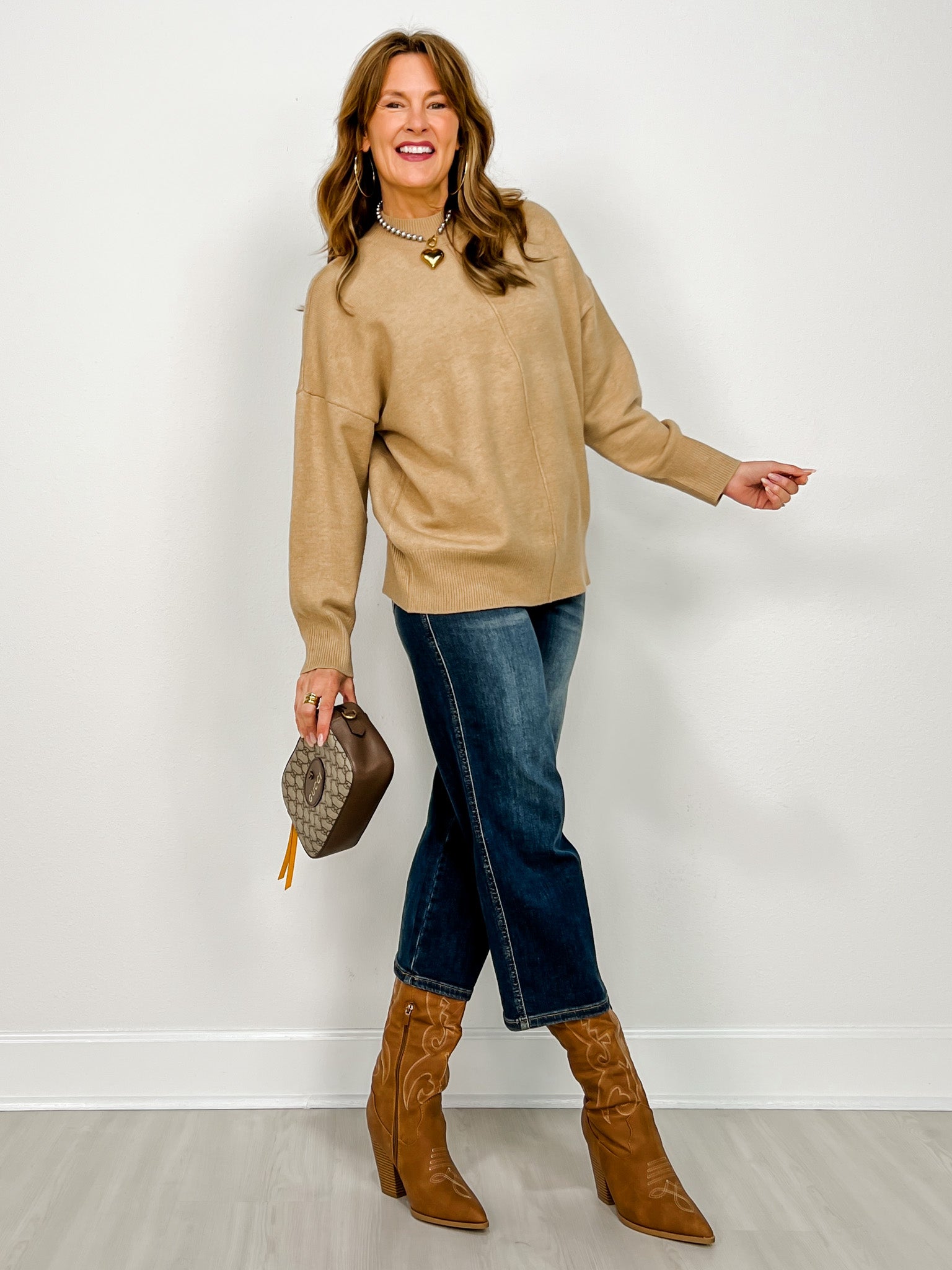 Front Seam Mock Neck Long Sleeve Knit Sweater -GROUP B