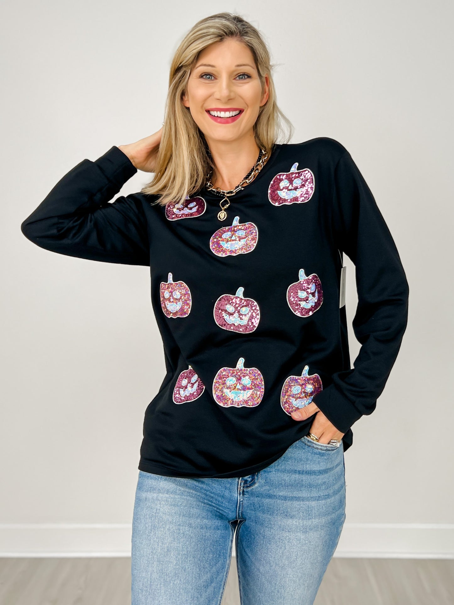 Black Long Sleeve Top with Glitter Pumpkins