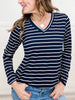 Long Sleeve Striped Top with V-Neckline and Rounded Hem