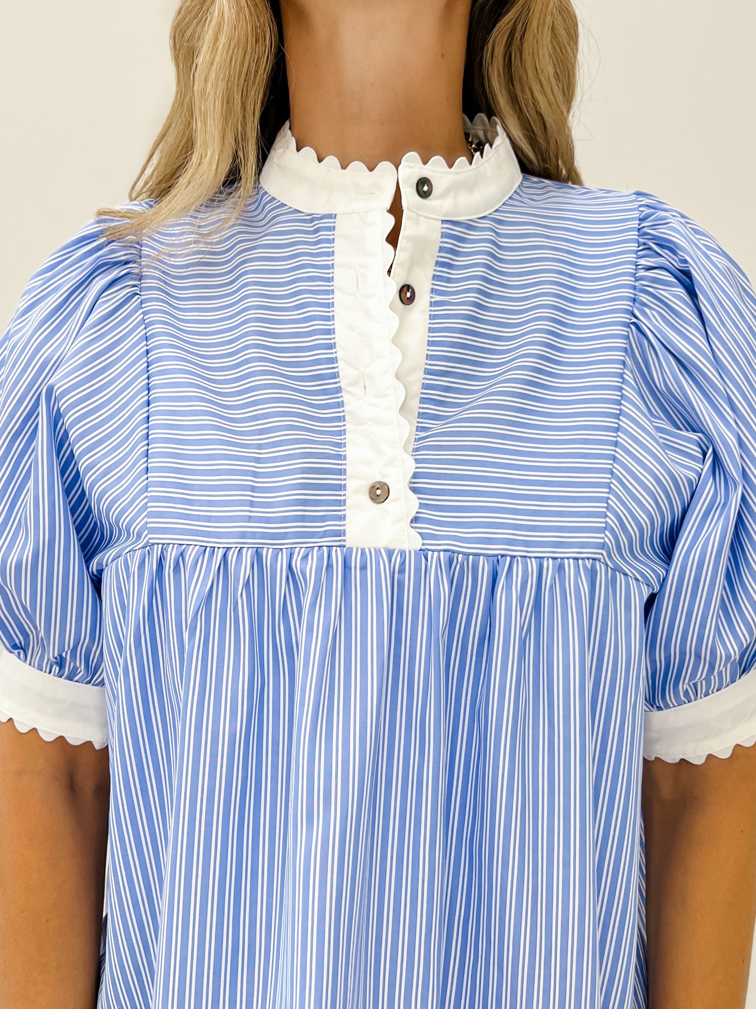 Striped Short Puff Sleeve Top with Contrasting Scallop Trim
