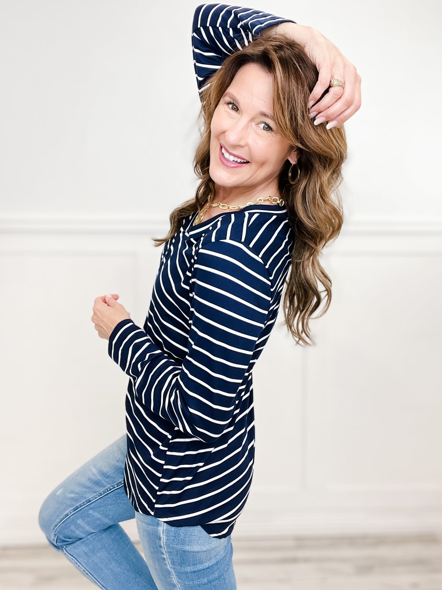 Long Sleeve Striped Top with V-Neckline and Rounded Hem