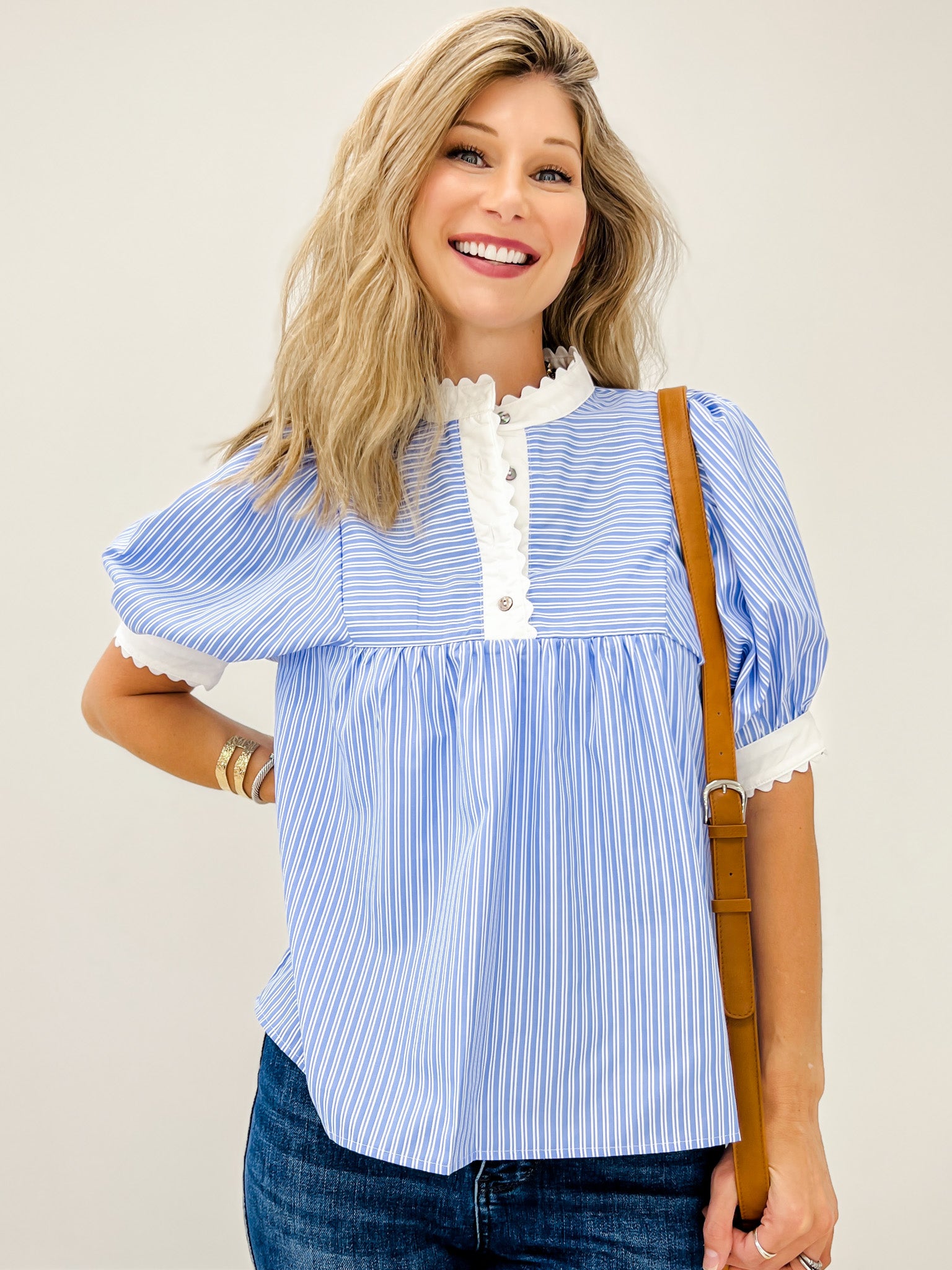 Striped Short Puff Sleeve Top with Contrasting Scallop Trim