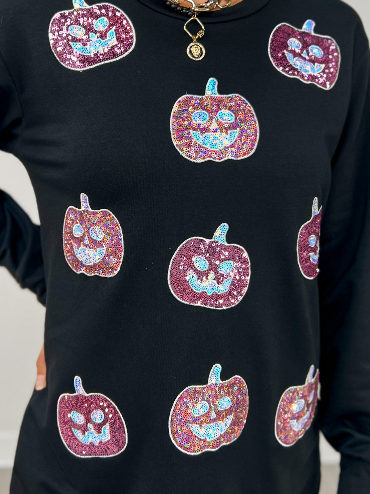Black Long Sleeve Top with Glitter Pumpkins