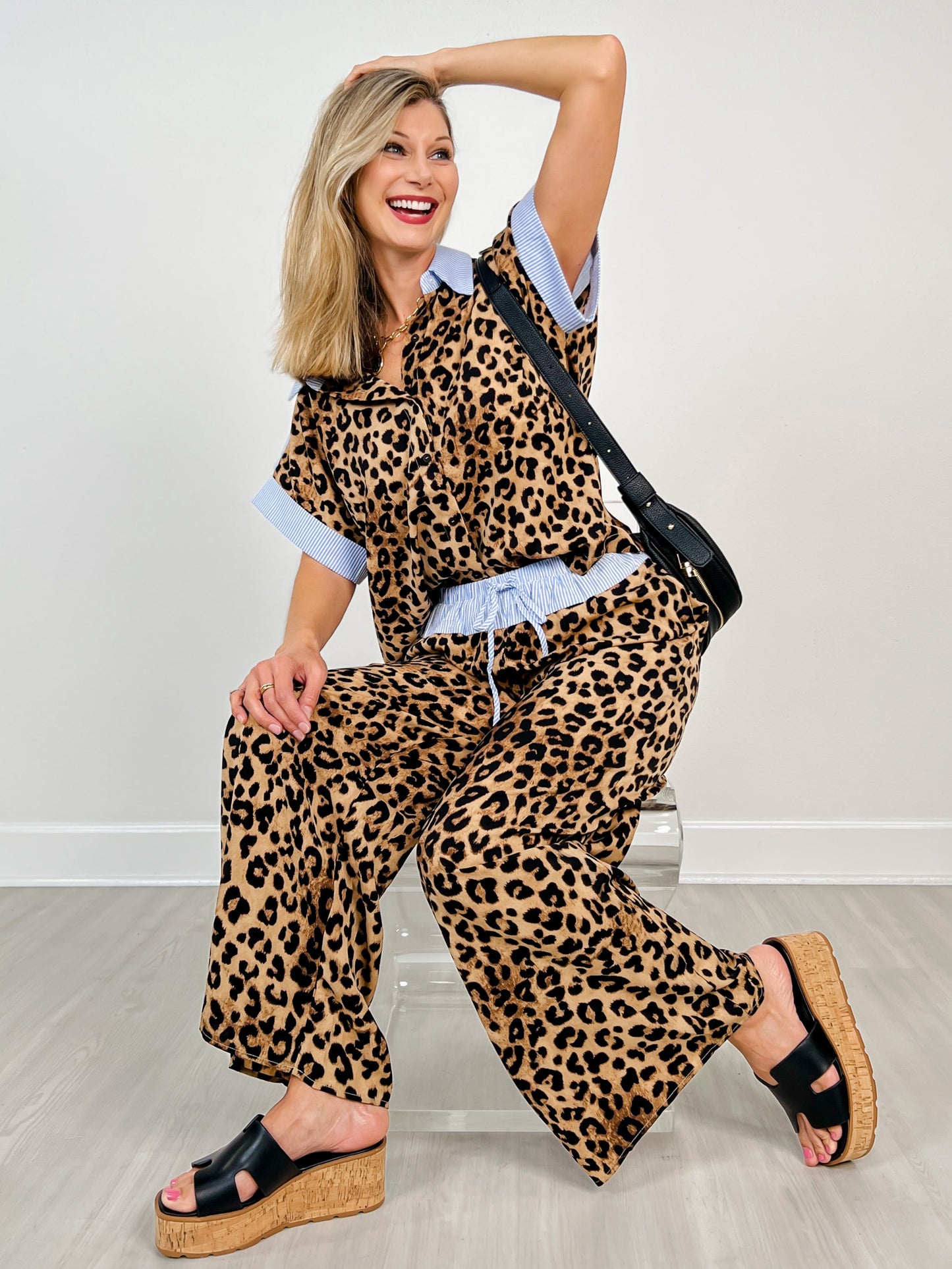 Leopard Print Top with Matching Wide Leg Pants Set