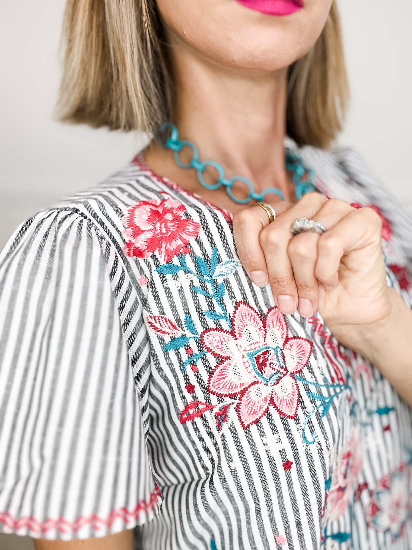 Floral Embroidered Striped Shift Dress with V-Neckline