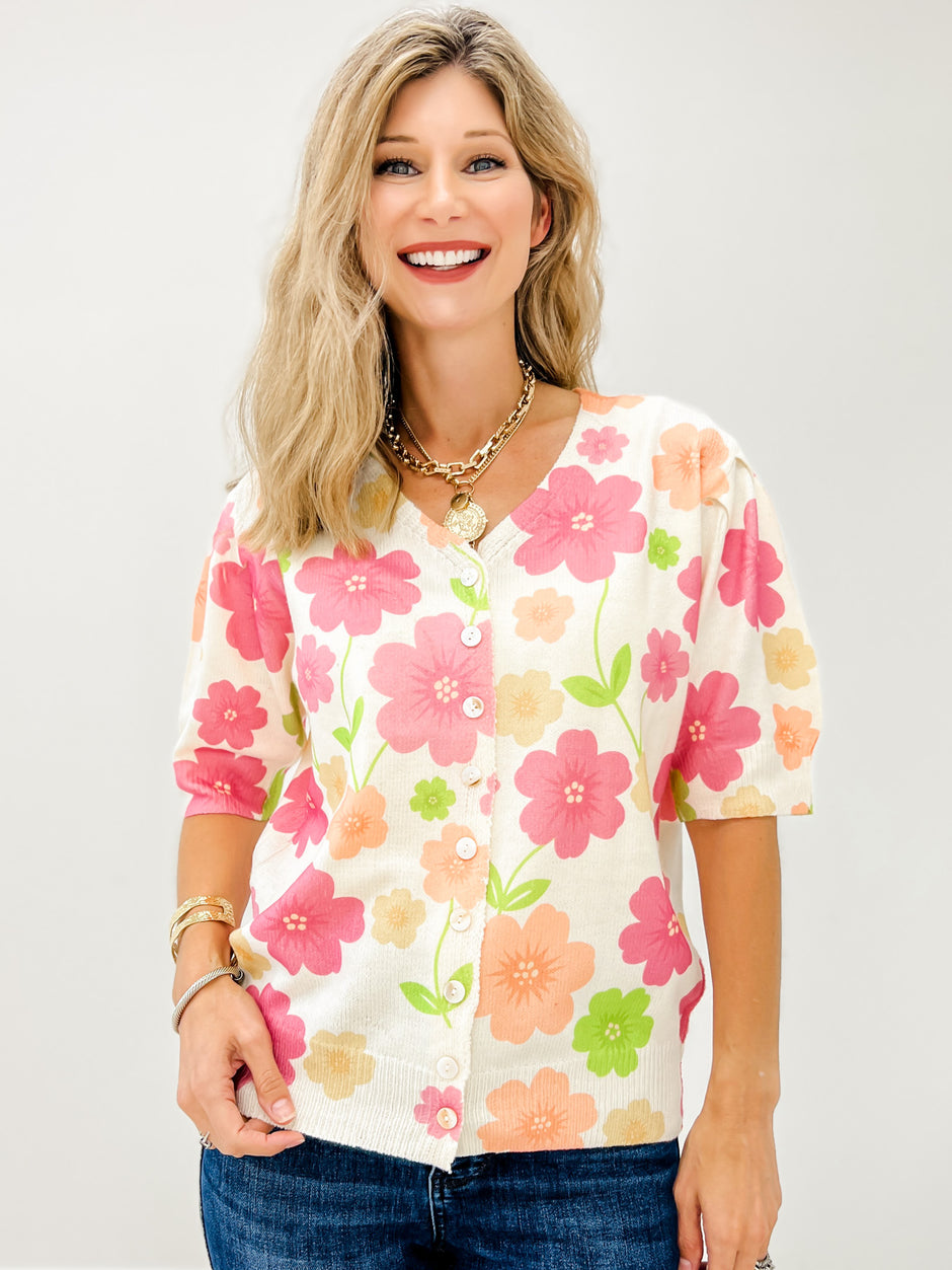 Short Sleeve Flower Pattern Button Down Cardigan Top
