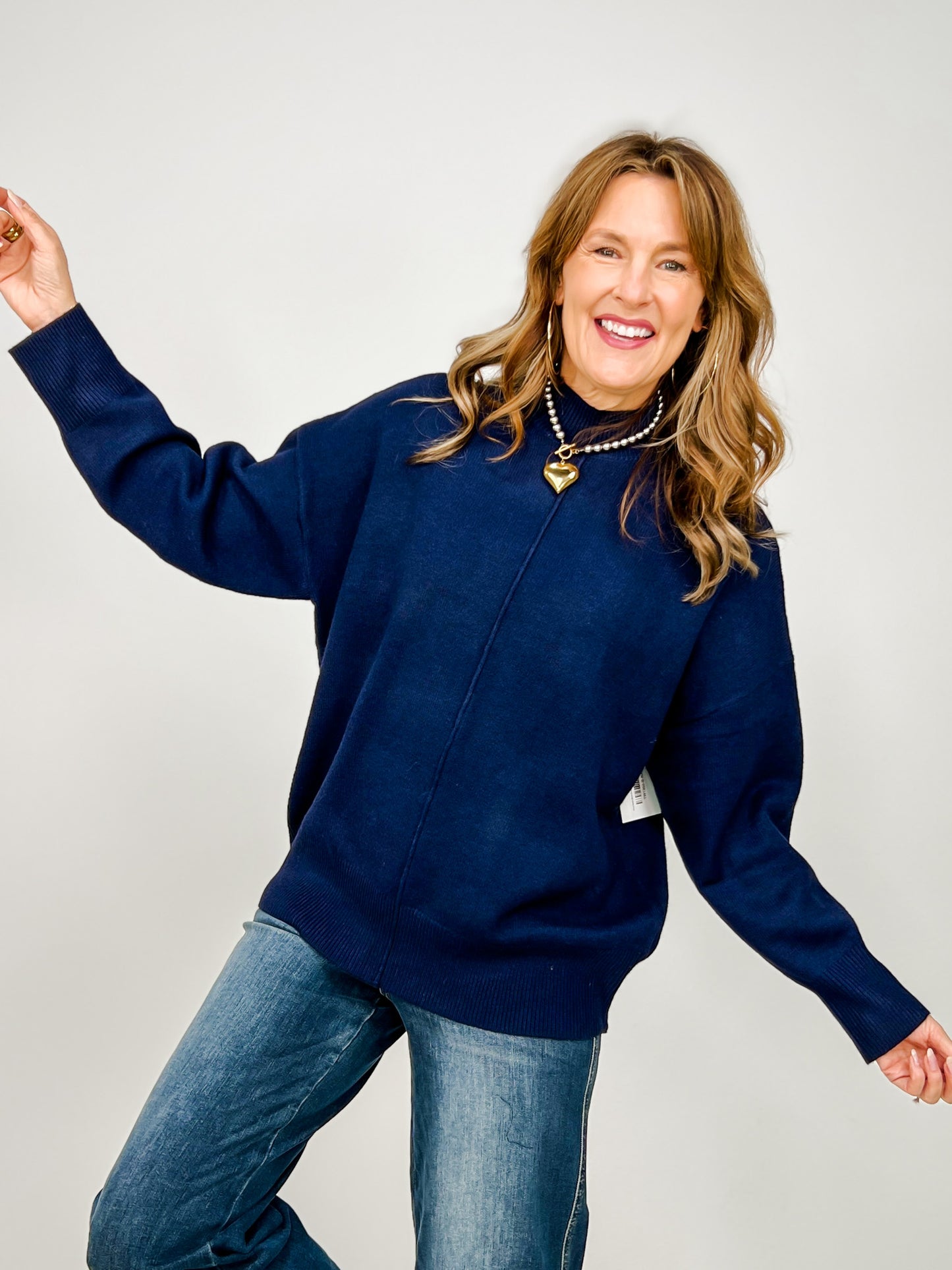 Front Seam Mock Neck Long Sleeve Knit Sweater -GROUP B