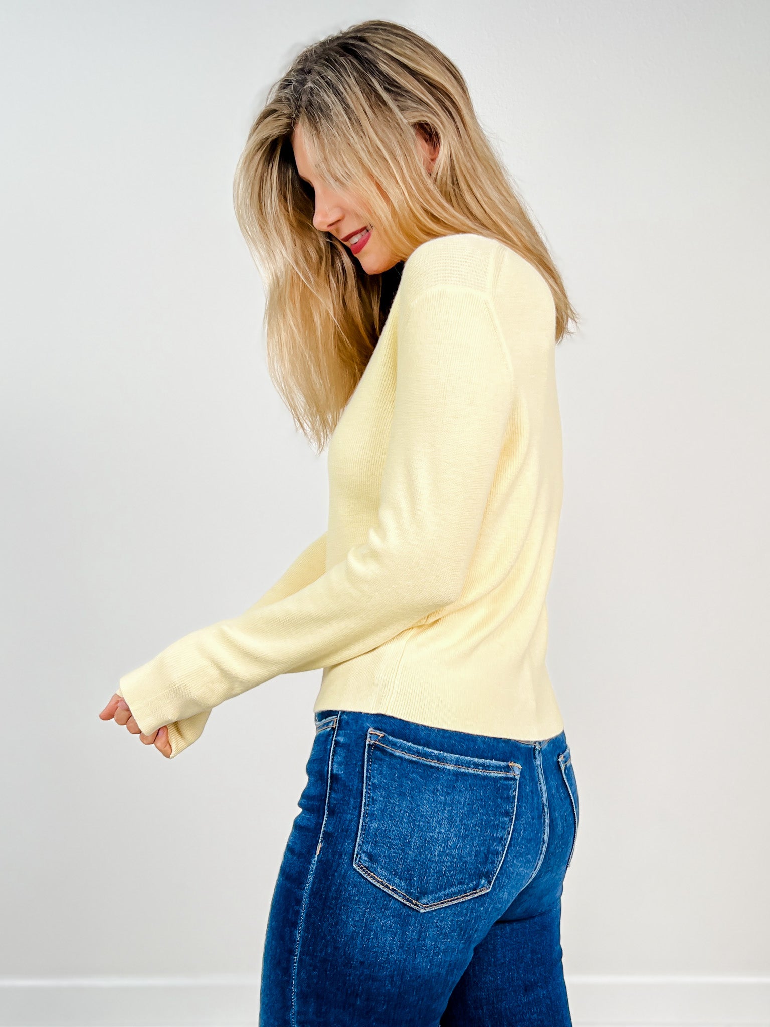 Long Sleeve Button Front Ribbed Crewneck Cardigan