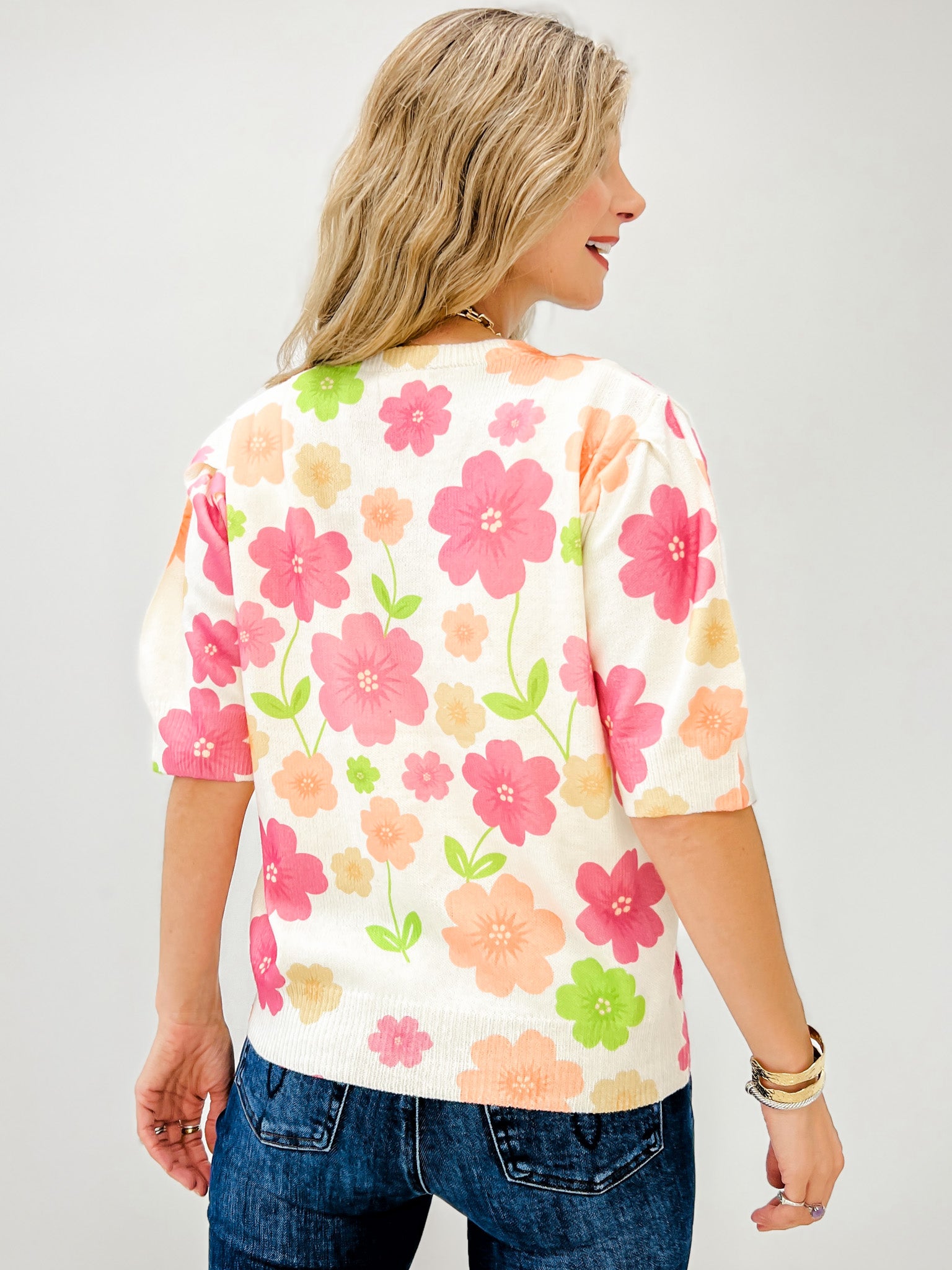 Short Sleeve Flower Pattern Button Down Cardigan Top