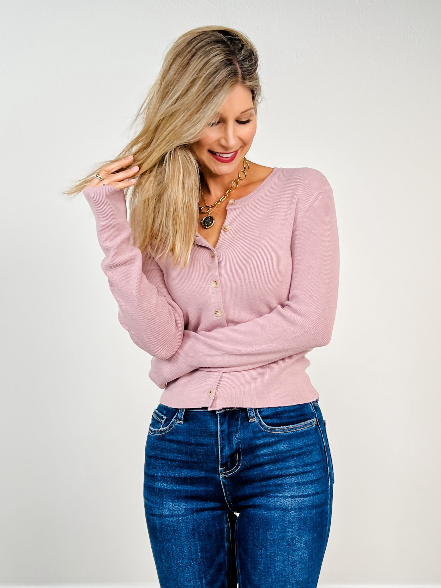 Long Sleeve Button Front Ribbed Crewneck Cardigan