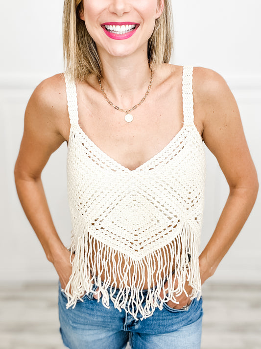 Crochet Cropped Bustier Tank Top with Fringe