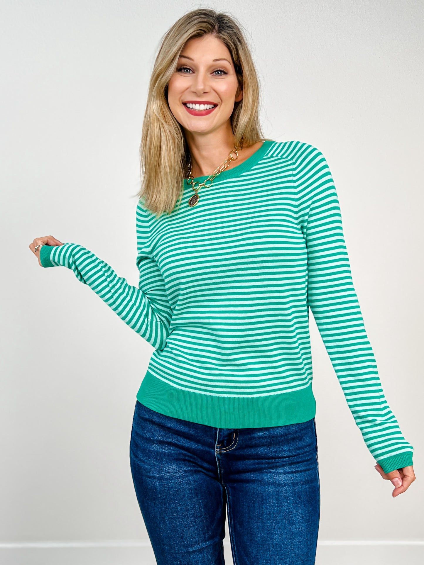 Raglan Sleeve Pin Stripe Crewneck Sweater