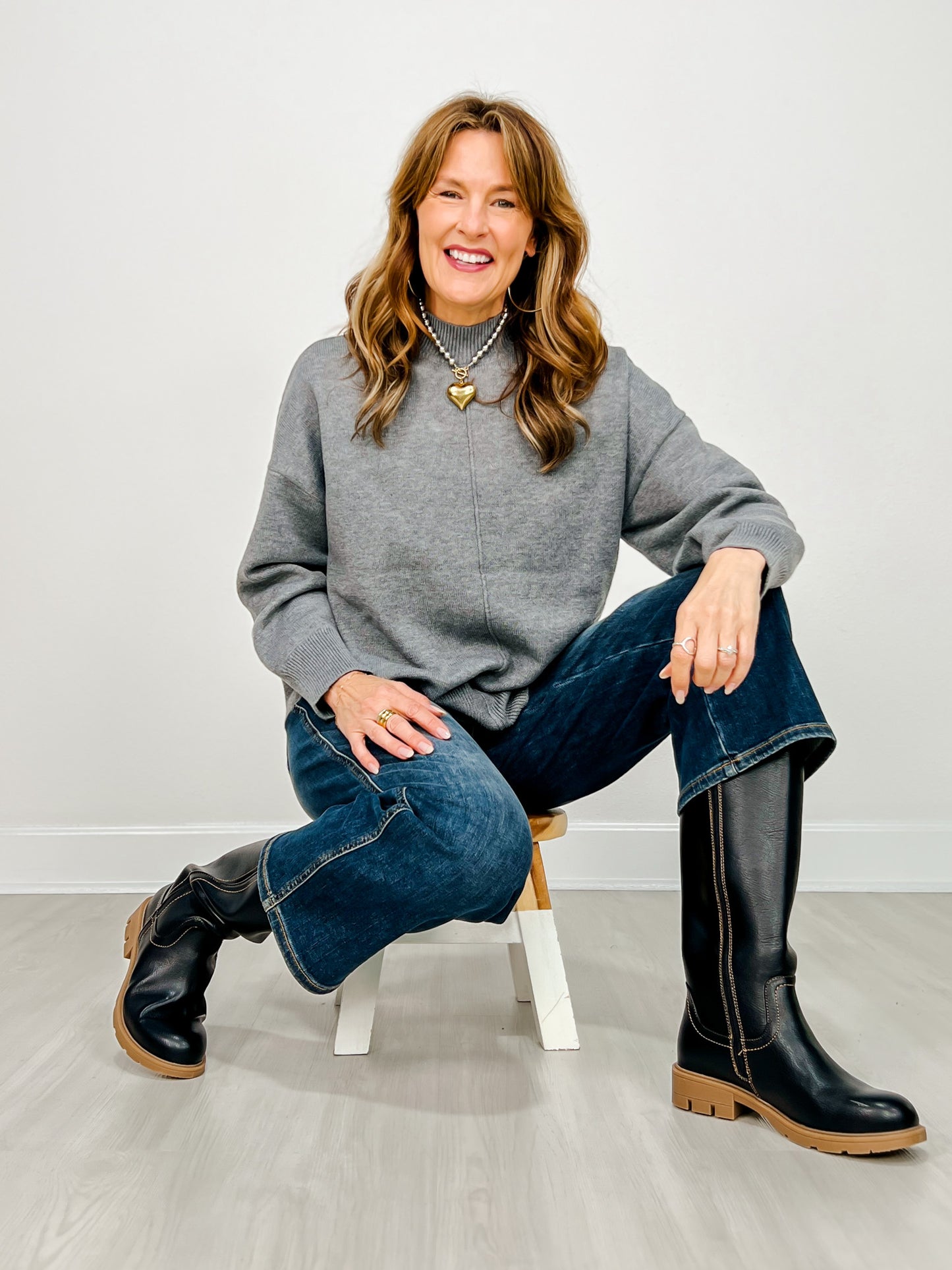 Front Seam Mock Neck Long Sleeve Knit Sweater -GROUP A