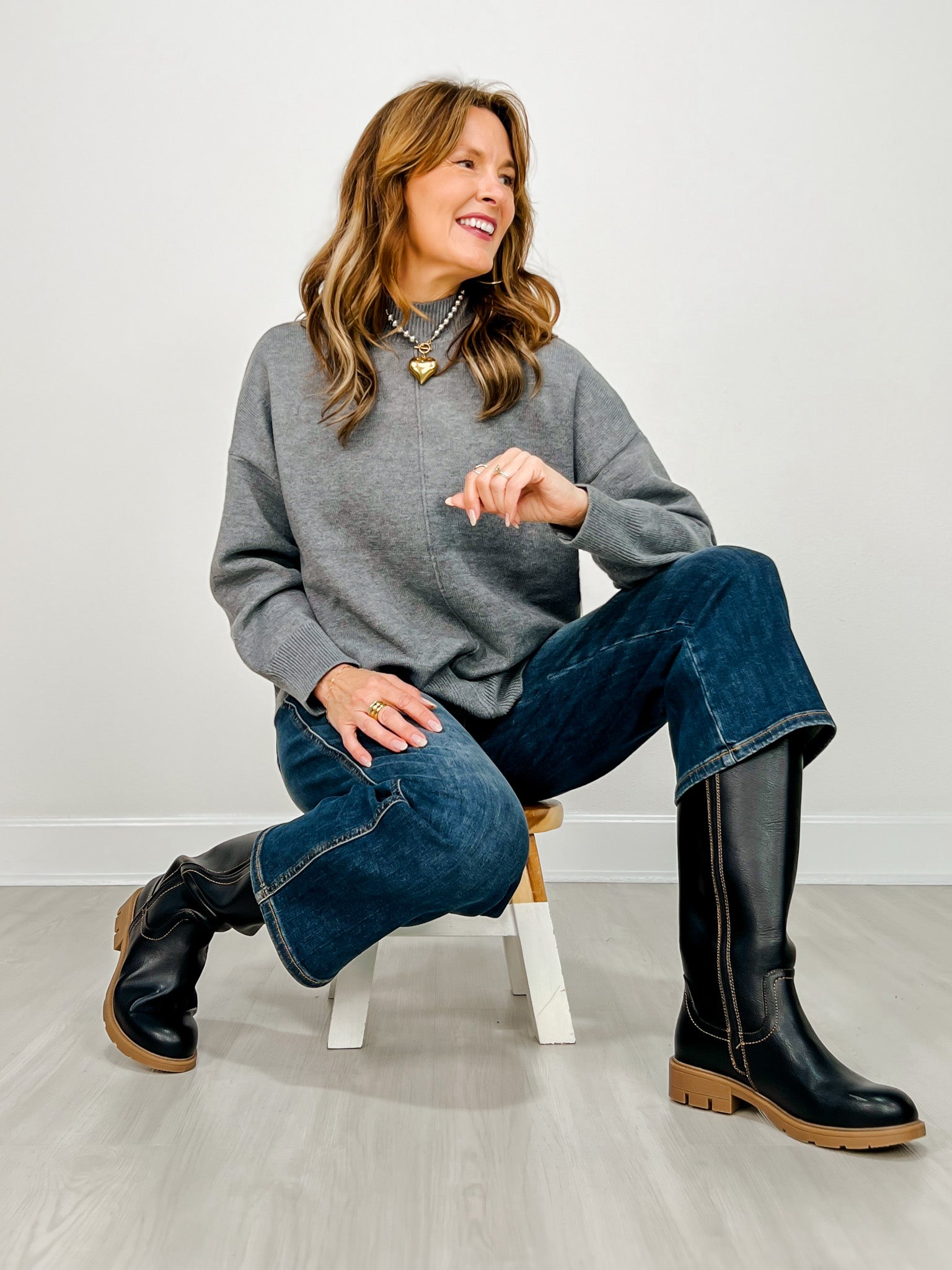 Front Seam Mock Neck Long Sleeve Knit Sweater -GROUP A