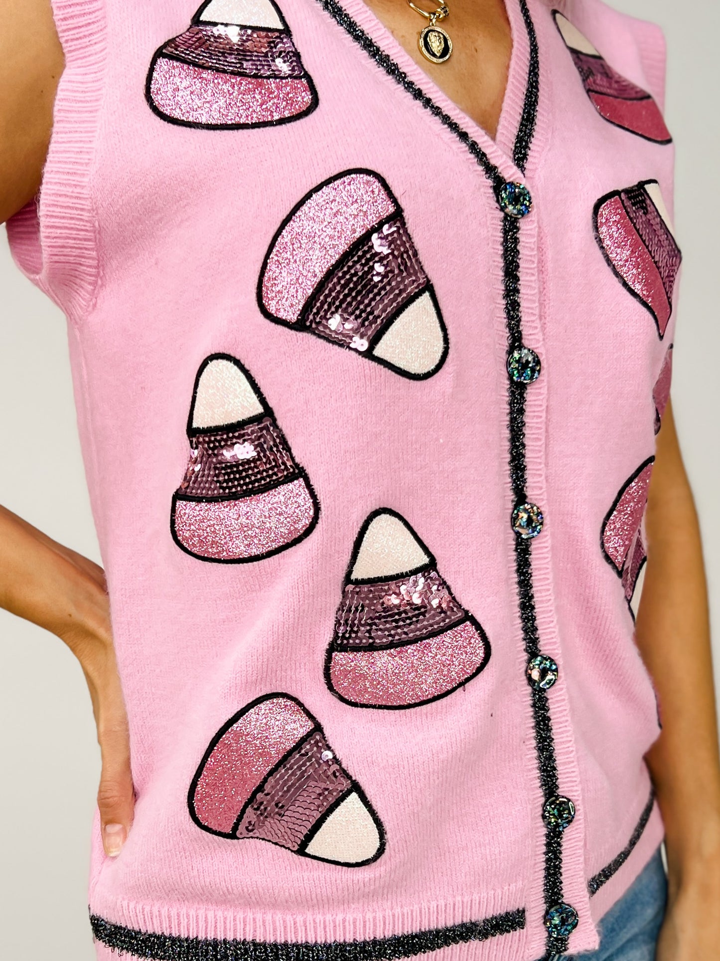 Pink Sweater Vest with Glitter Candy Corn