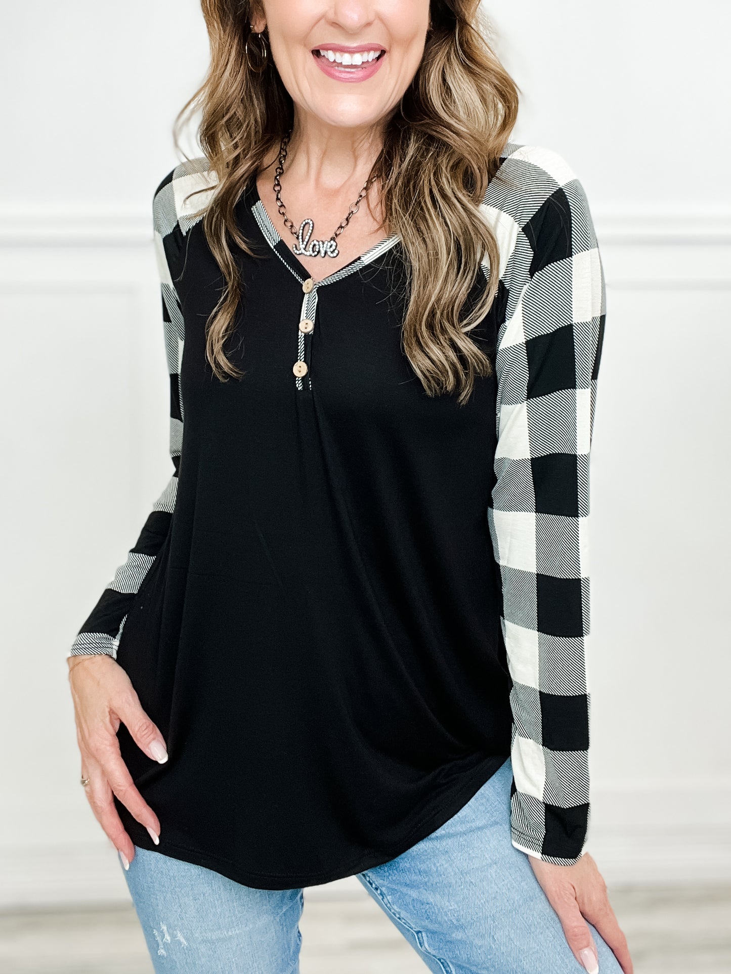 Solid Top with Plaid Sleeves and Button Neckline