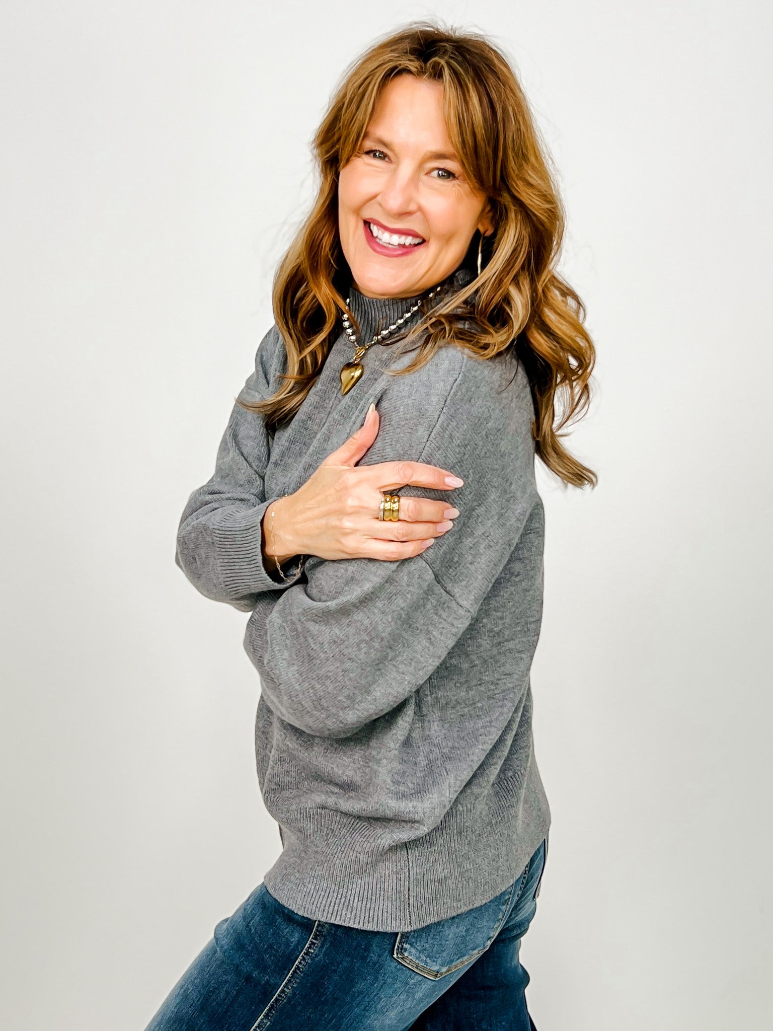 Front Seam Mock Neck Long Sleeve Knit Sweater -GROUP A