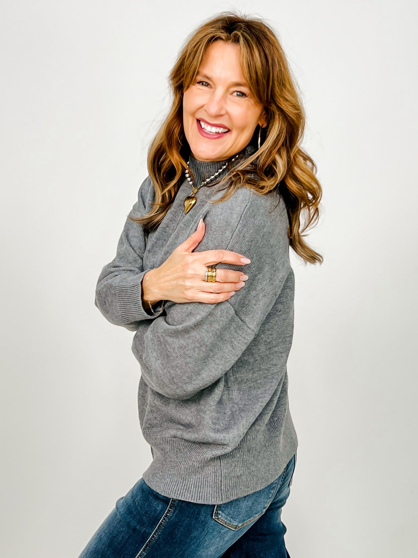 Front Seam Mock Neck Long Sleeve Knit Sweater -GROUP A