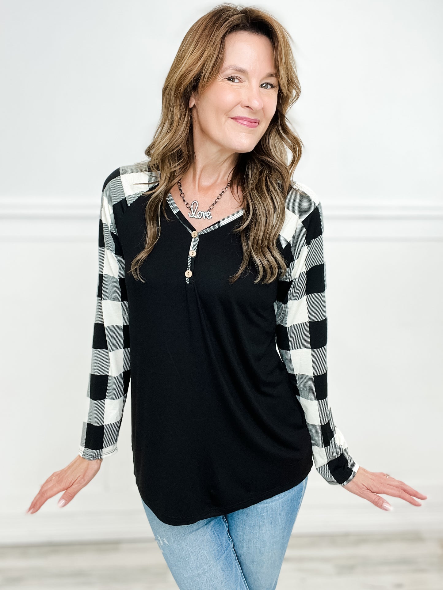 Solid Top with Plaid Sleeves and Button Neckline