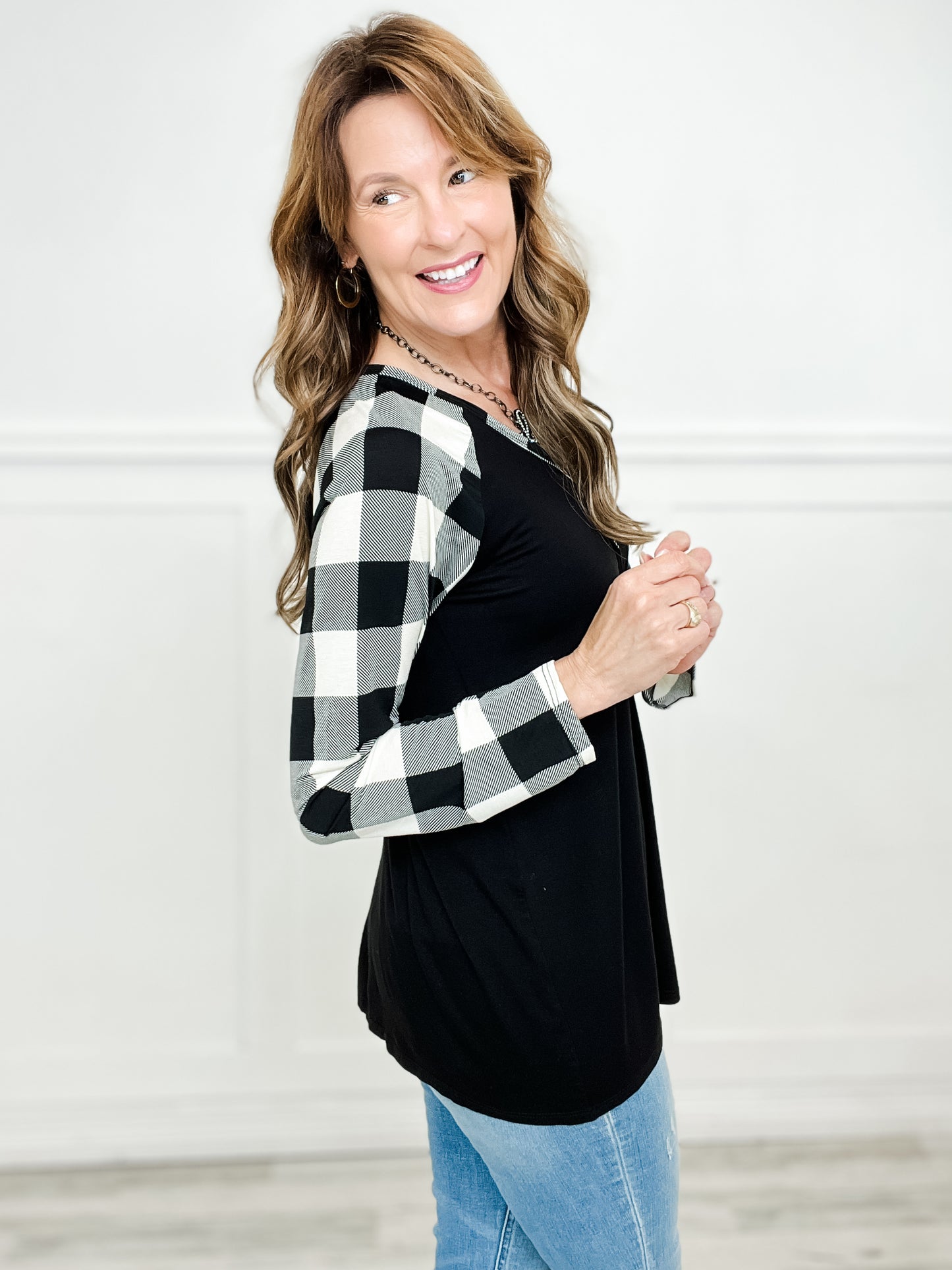 Solid Top with Plaid Sleeves and Button Neckline