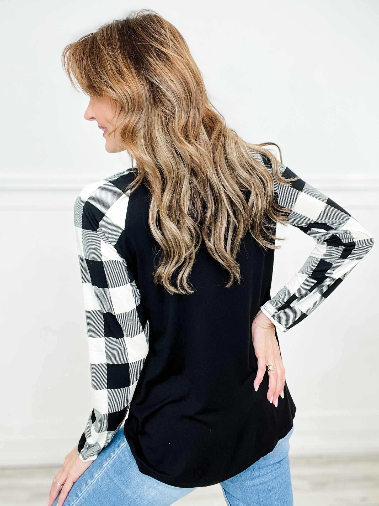 Solid Top with Plaid Sleeves and Button Neckline