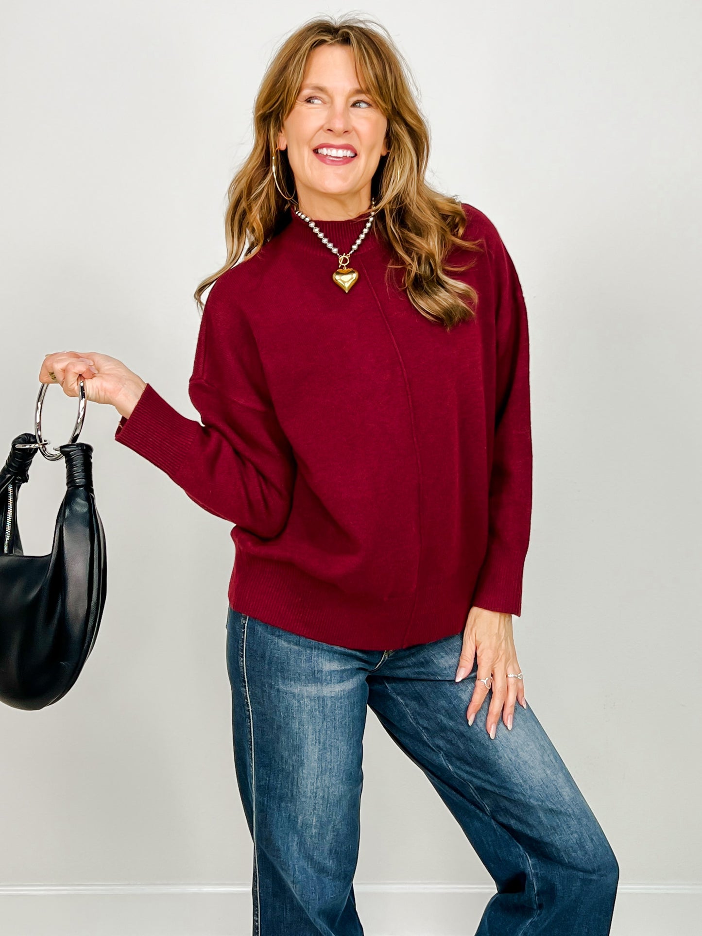 Front Seam Mock Neck Long Sleeve Knit Sweater -GROUP A