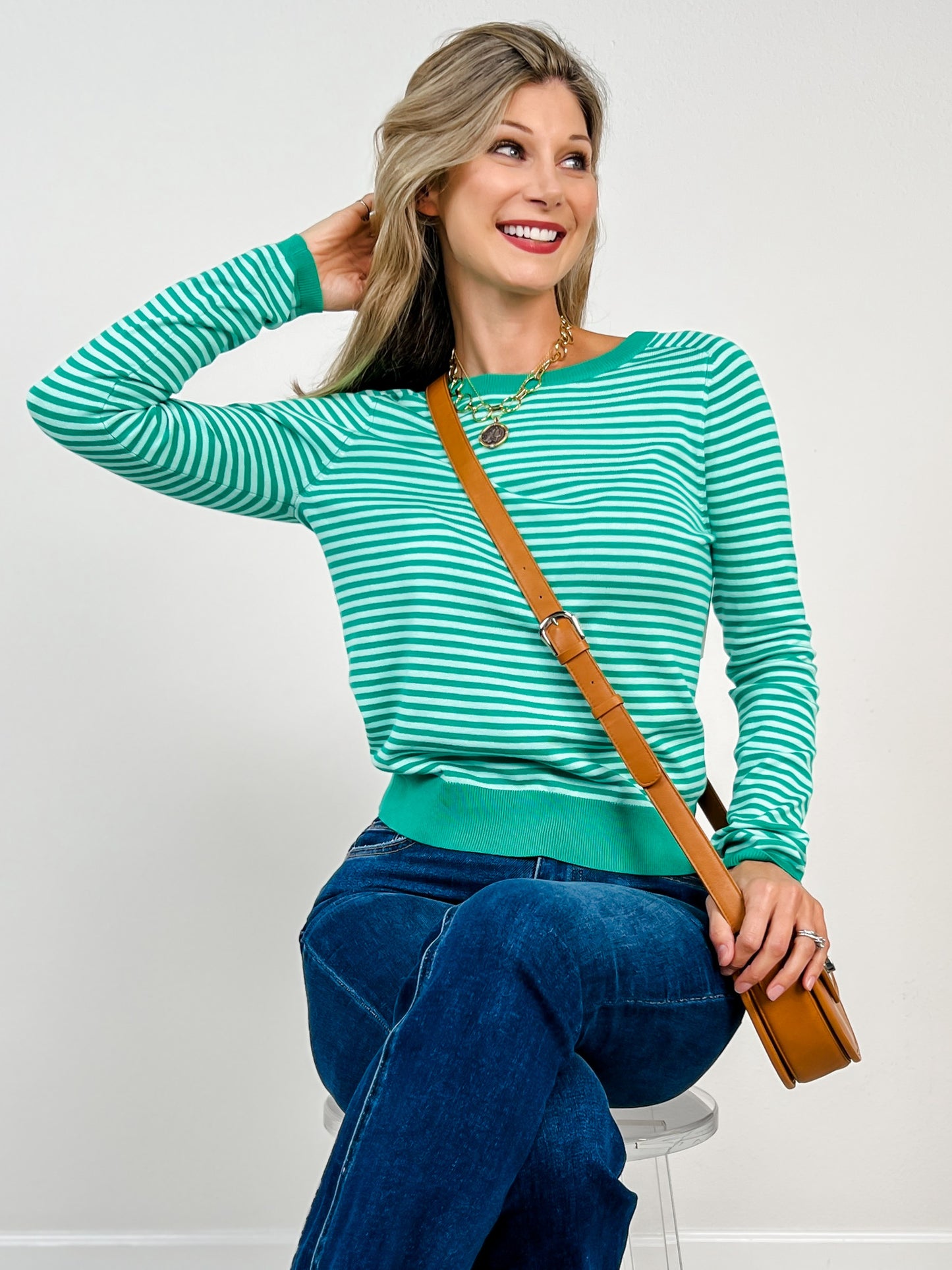 Raglan Sleeve Pin Stripe Crewneck Sweater