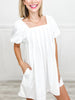 Puff Sleeve Square Neckline Pleated Mini Dress