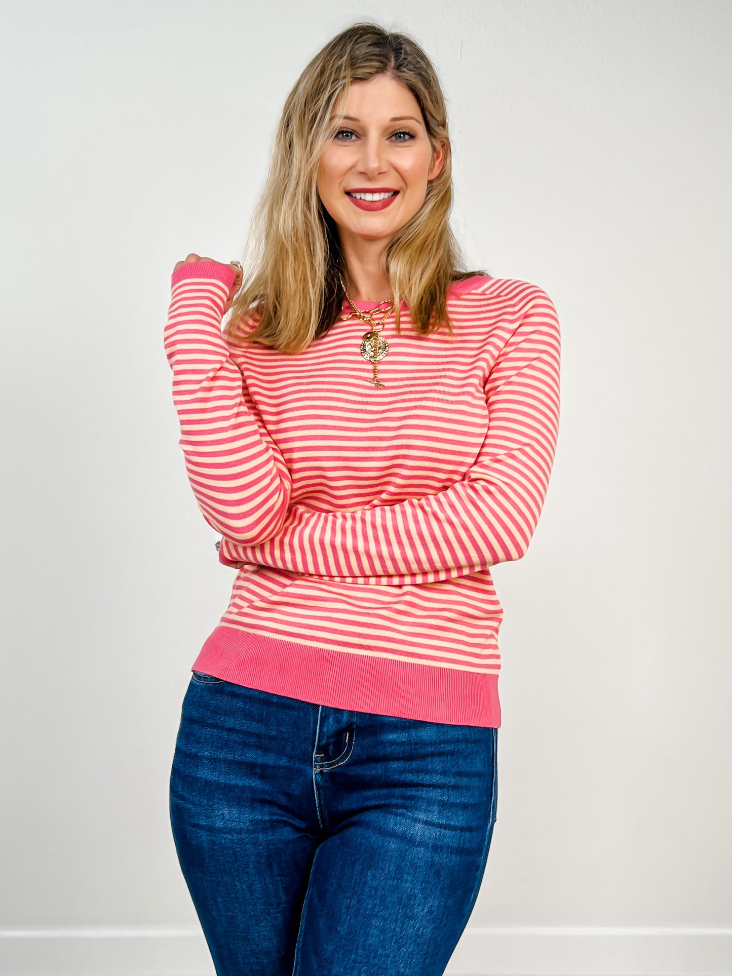 Raglan Sleeve Pin Stripe Crewneck Sweater