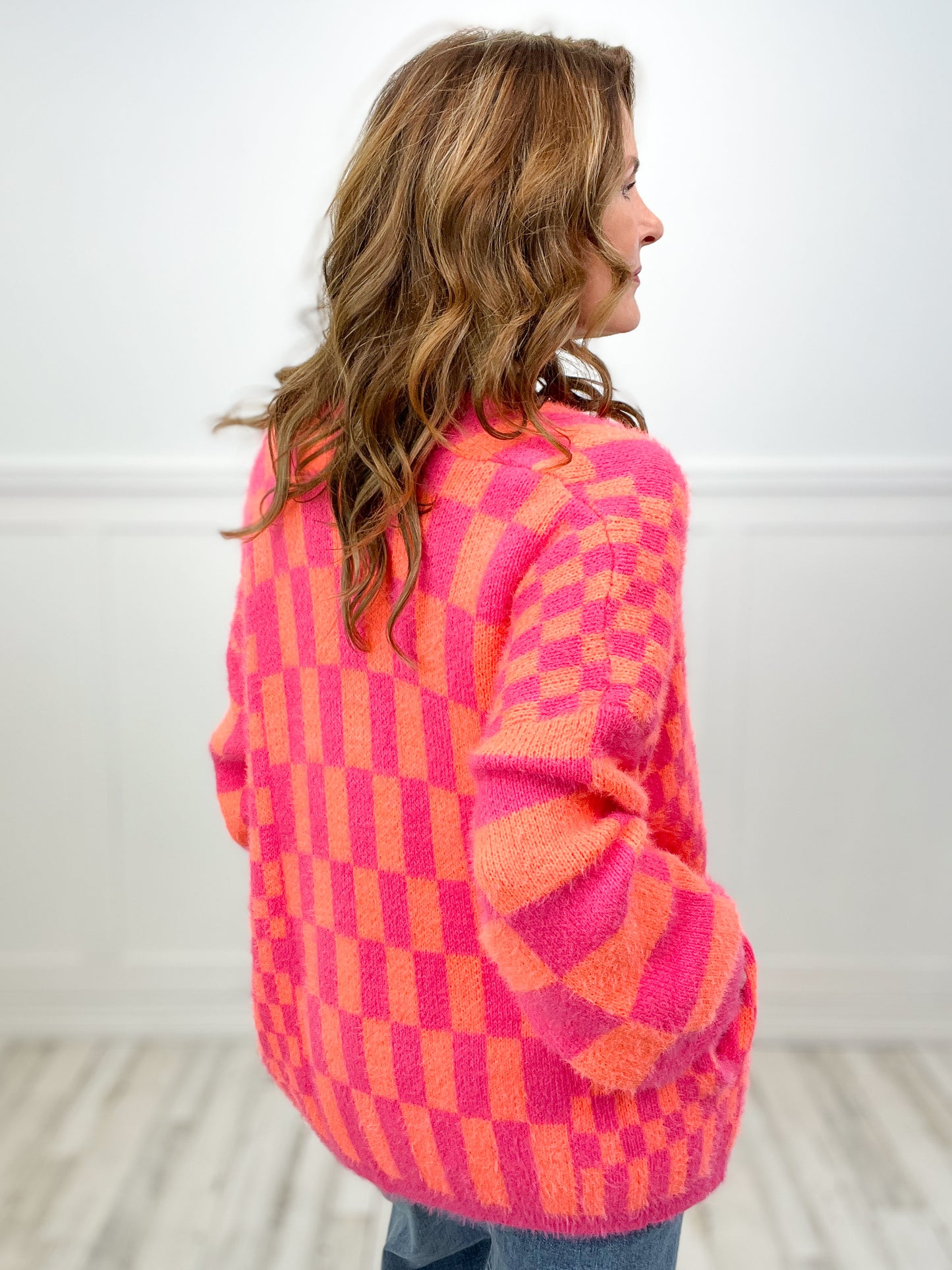 Checkerboard Loose Fit Knit Cardigan