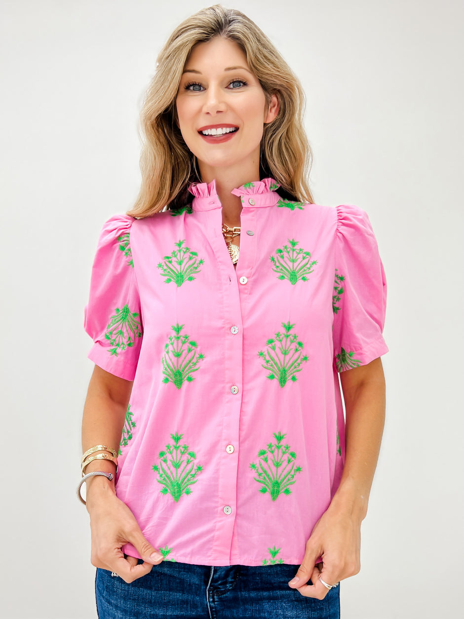 Short Puff Sleeve Button Down Top with Embroidery Detail