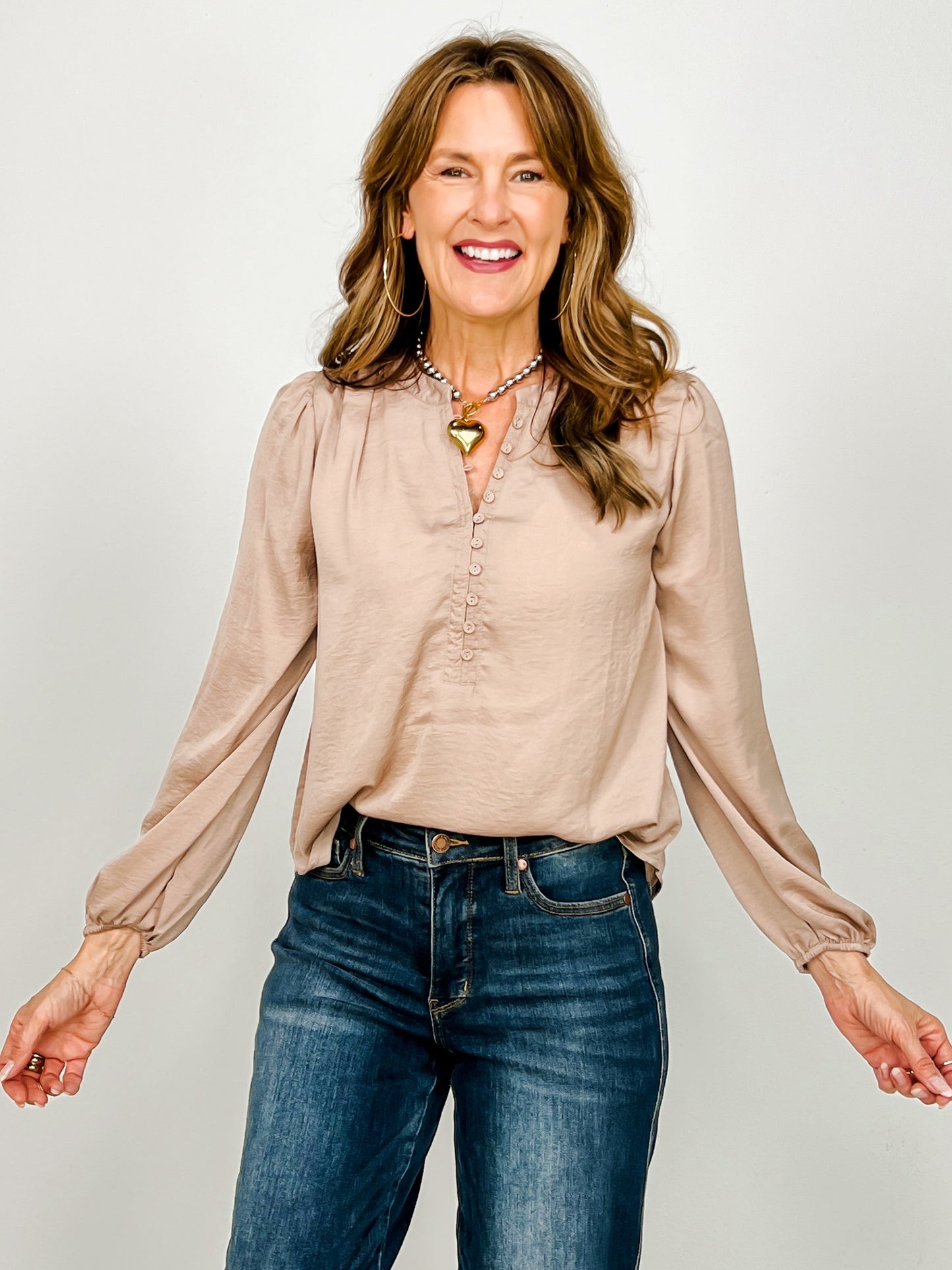 Textured Long Sleeve Half Button Top