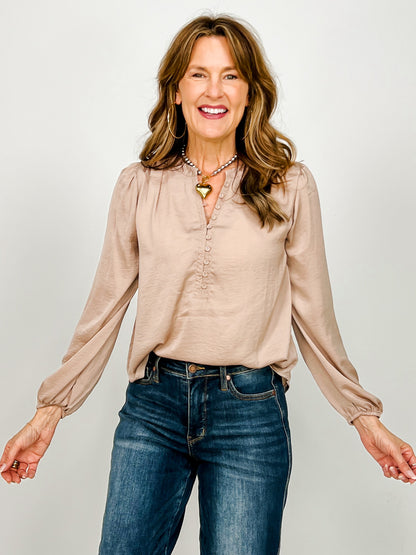 Textured Long Sleeve Half Button Top