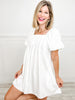 Puff Sleeve Square Neckline Pleated Mini Dress