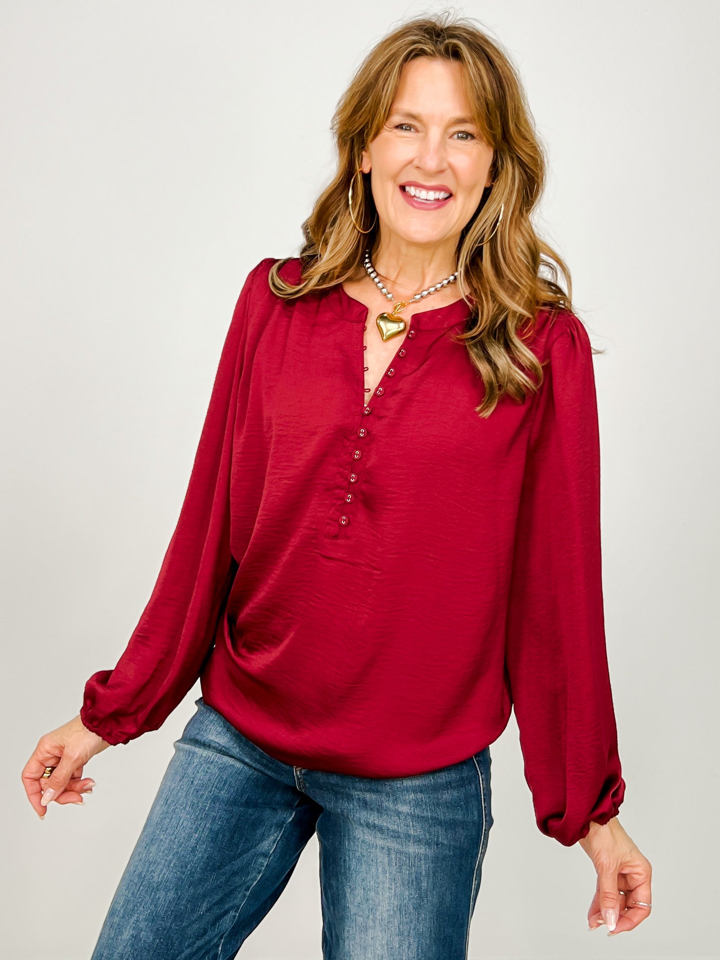 Textured Long Sleeve Half Button Top