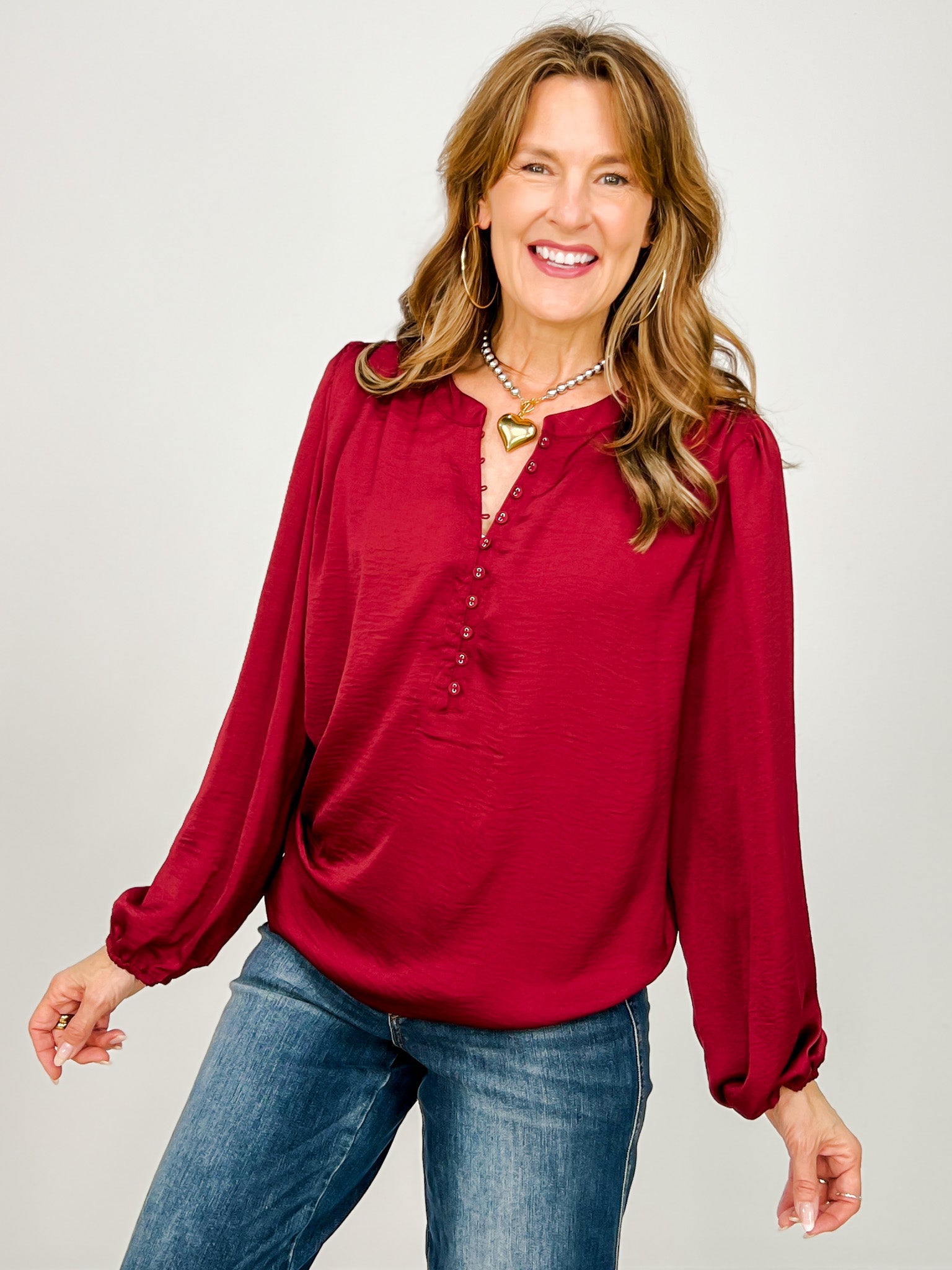 Textured Long Sleeve Half Button Top