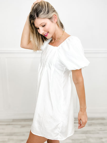 Puff Sleeve Square Neckline Pleated Mini Dress