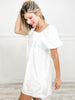 Puff Sleeve Square Neckline Pleated Mini Dress