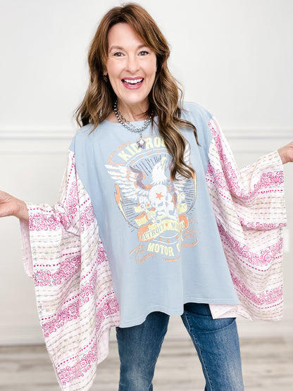 Kid Rock Print Stitched Poncho Sleeve Top
