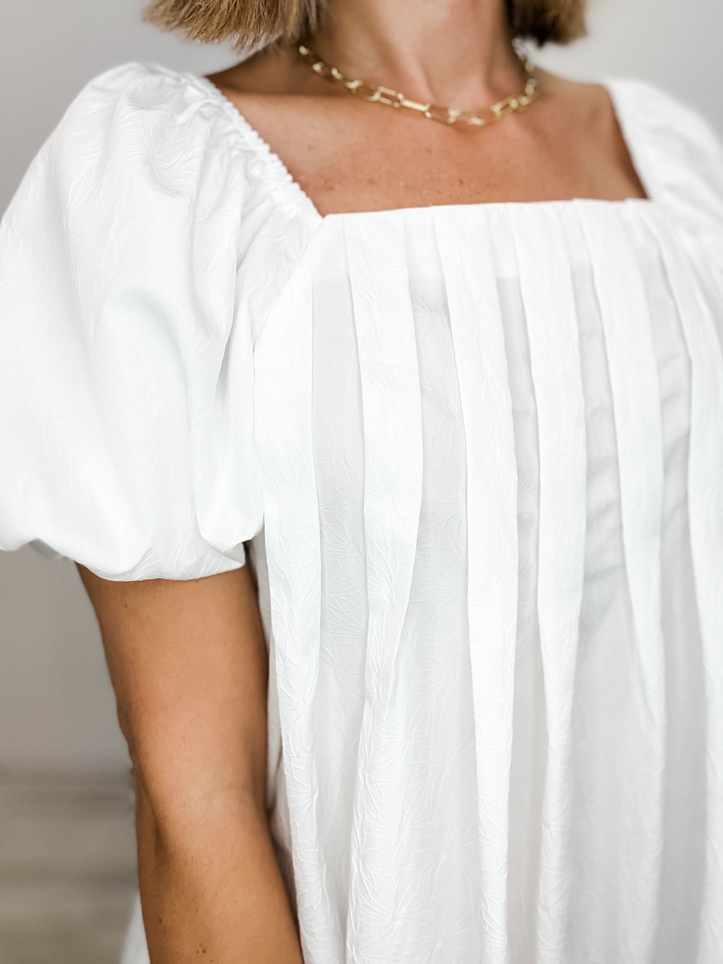 Puff Sleeve Square Neckline Pleated Mini Dress