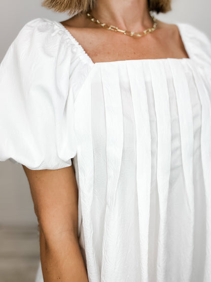 Puff Sleeve Square Neckline Pleated Mini Dress