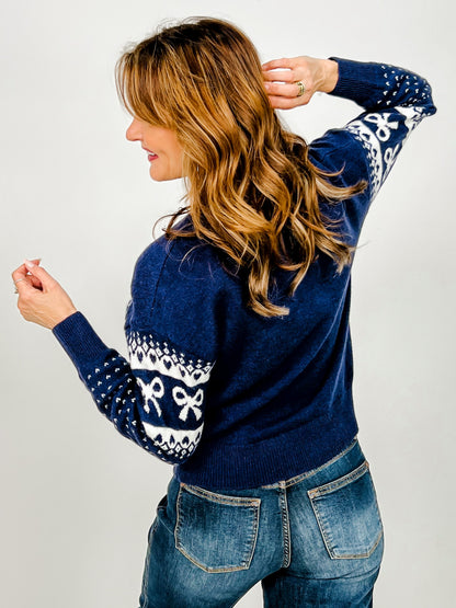 Bow And Heart Jacquard Knit Pullover Sweater