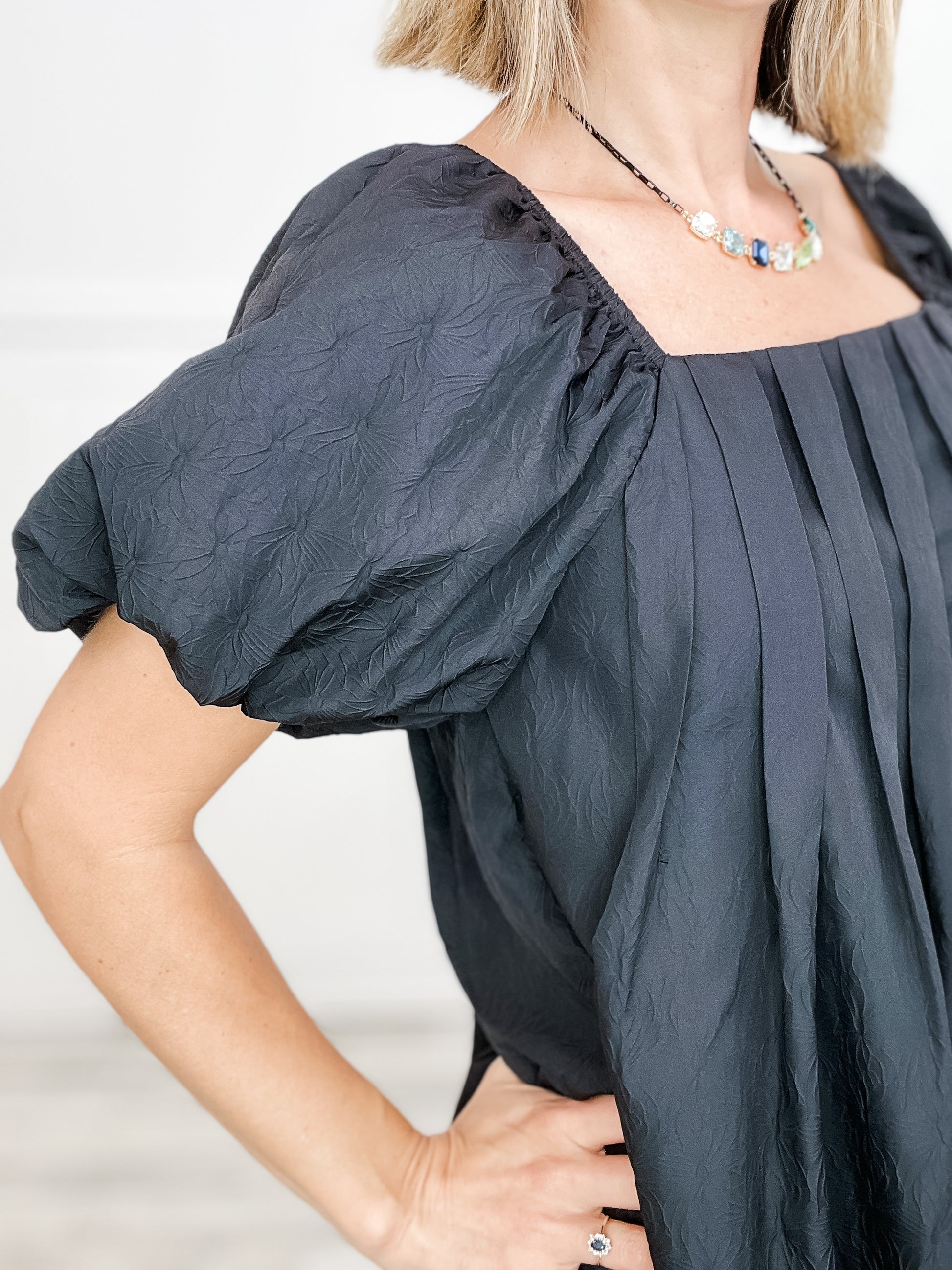 Puff Sleeve Square Neckline Pleated Mini Dress