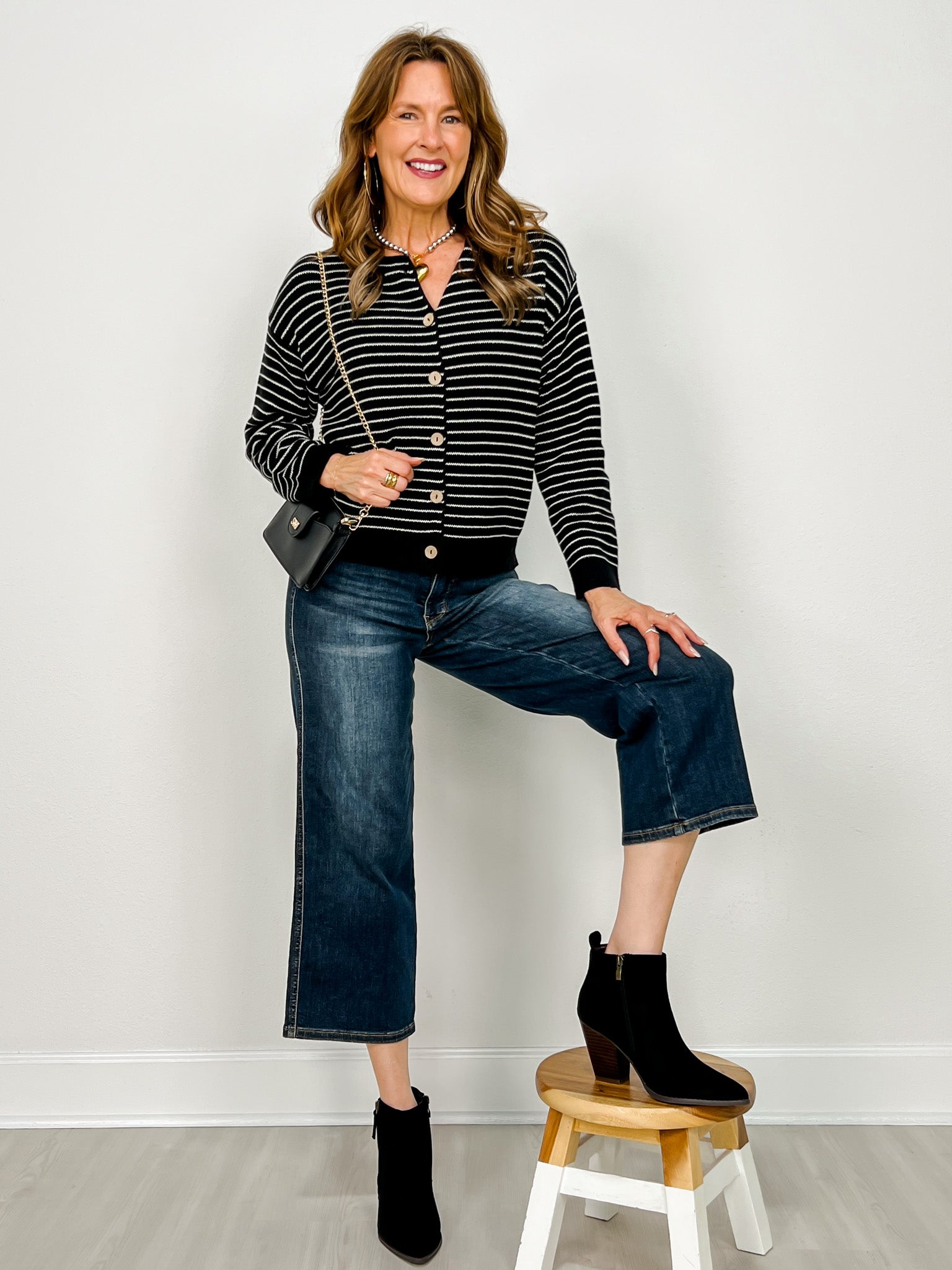 Stripe Button Down Raw Edge Knit Cardigan