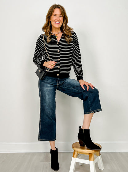 Stripe Button Down Raw Edge Knit Cardigan