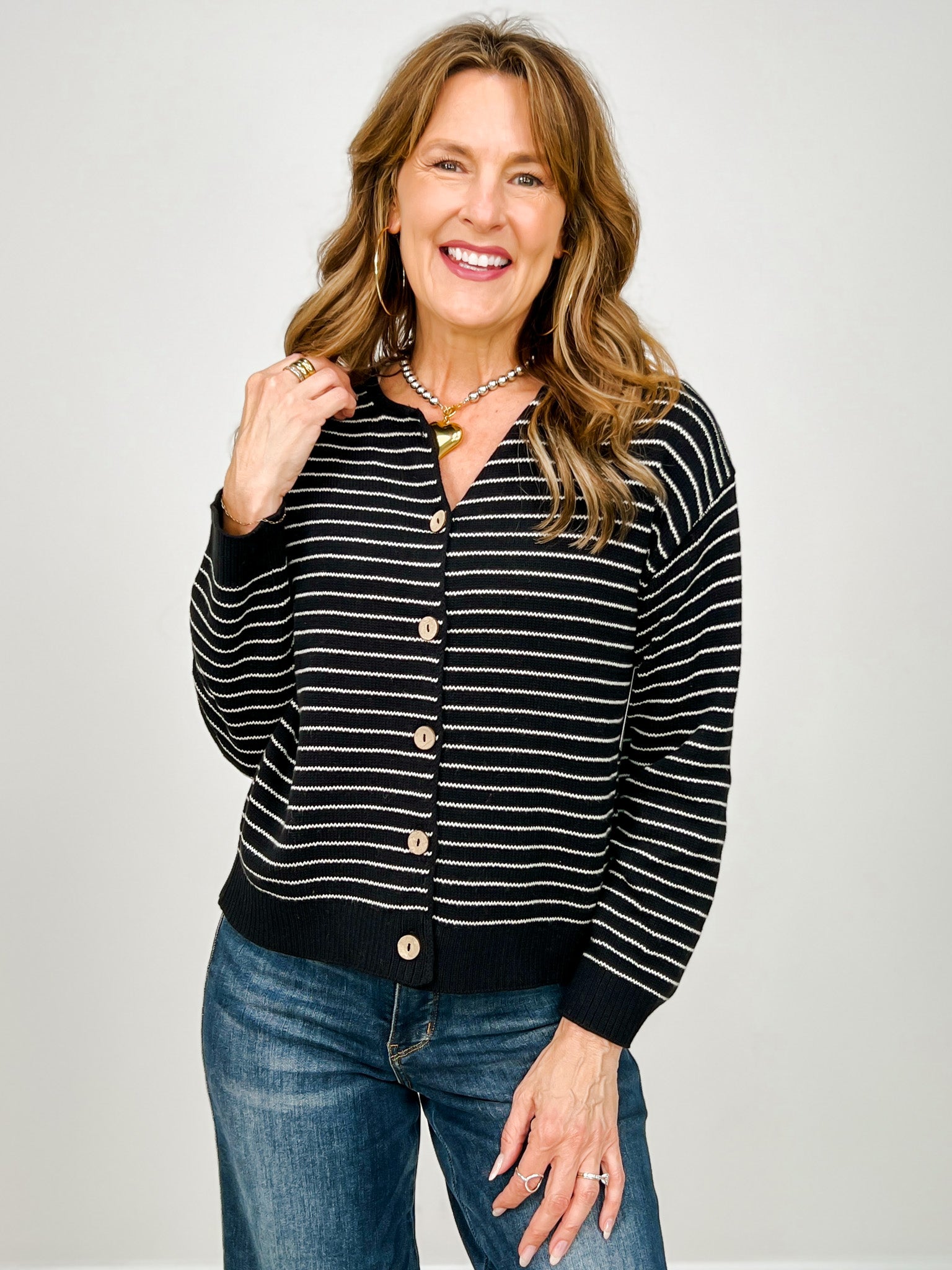 Stripe Button Down Raw Edge Knit Cardigan